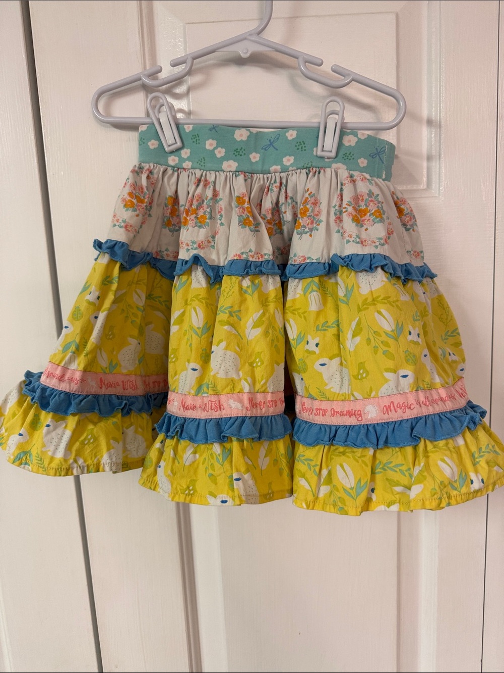 Howe Yellow Floral Tiered Skirt with Aqua Waistband and Pink Trim